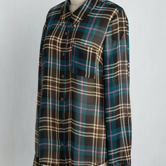 EUC Modcloth Sheer Plaid Button Down Blouse 1X - Picture 3 of 16